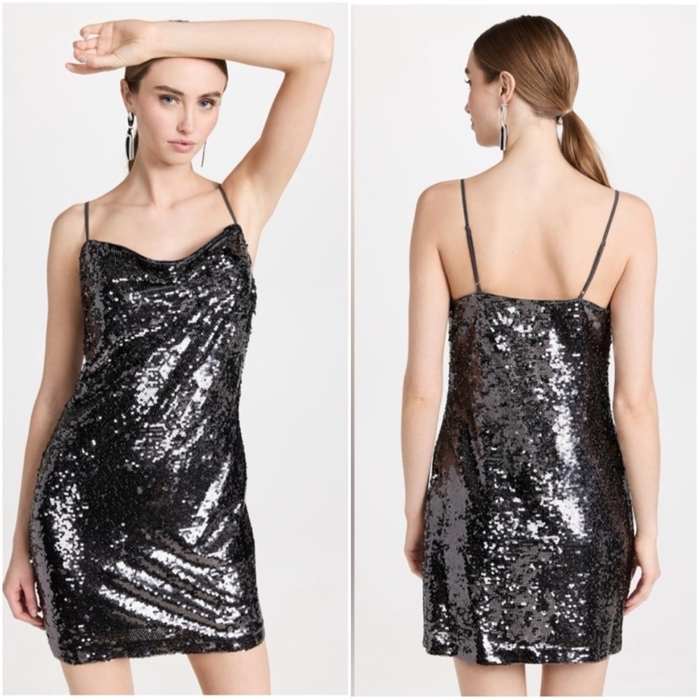 New L’Agence Nyla Sequin Embellished Charcoal Gray Black Mini Dress Cowl Sz 2